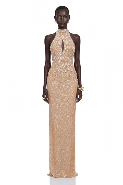 Adél Neutral Halterneck Embellished Maxi Gown
