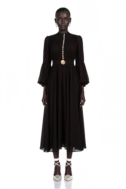 Viviane Black Pleated Button-Front Midi Dress
