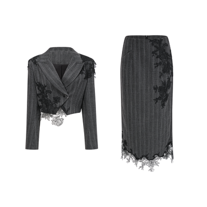 Sidonie Gri Çiçek Aplikeli Çizgili Blazer ve Etek Takım
