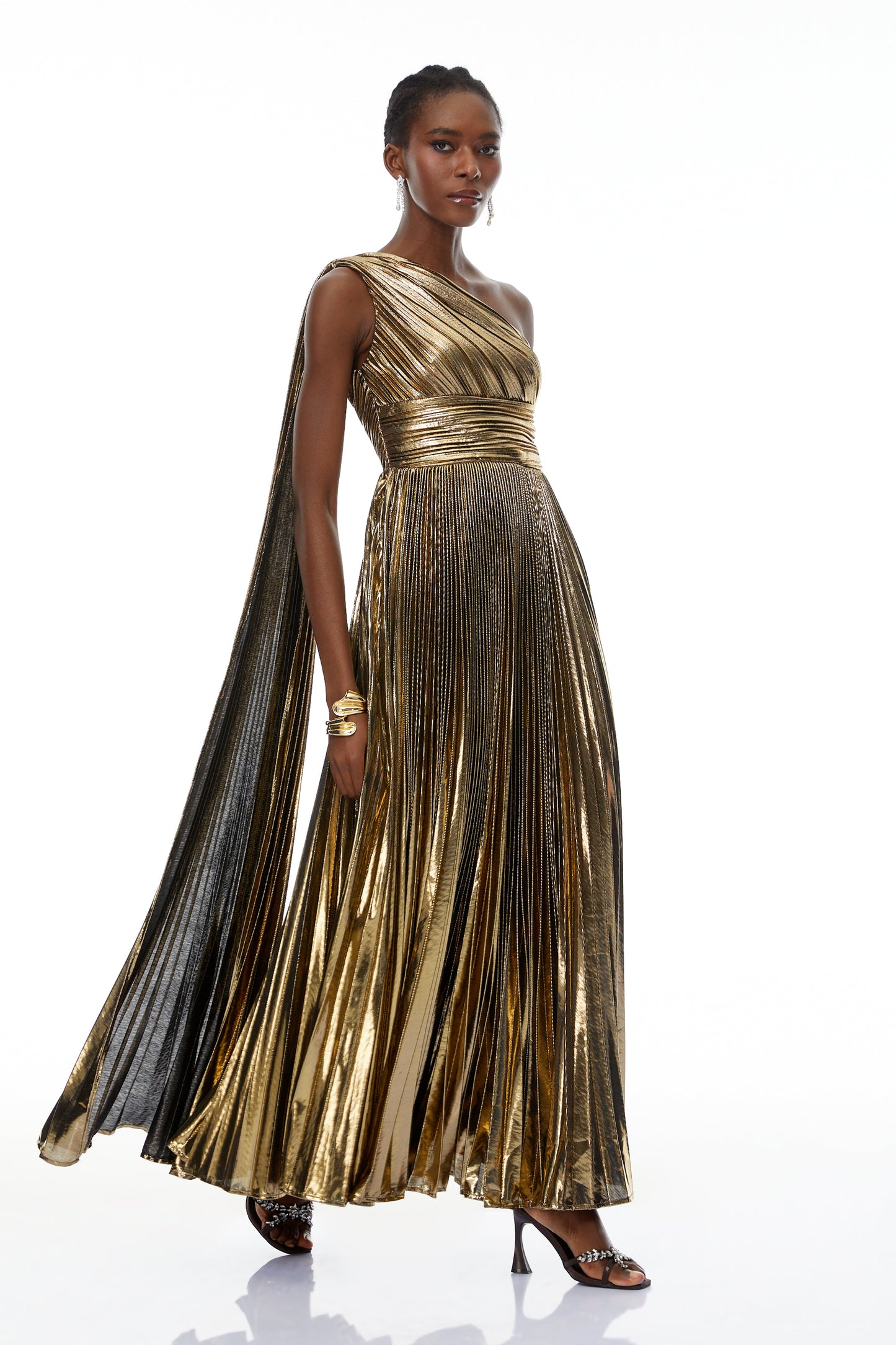 Adrián Gold One Shloulder Ruched Maxi Dress