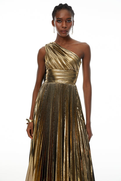 Adrián Gold One Shloulder Ruched Maxi Dress