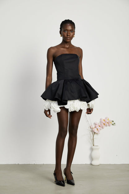 Lucie siyah petal katmanlı straplez korse mini elbise