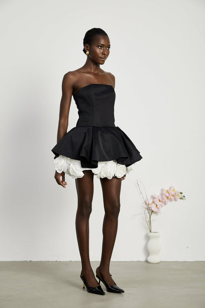 Lucie siyah petal katmanlı straplez korse mini elbise