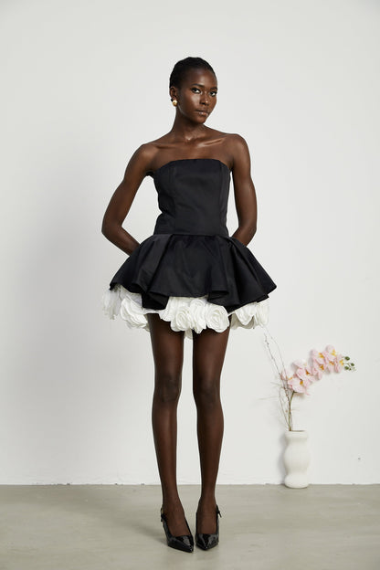 Lucie siyah petal katmanlı straplez korse mini elbise