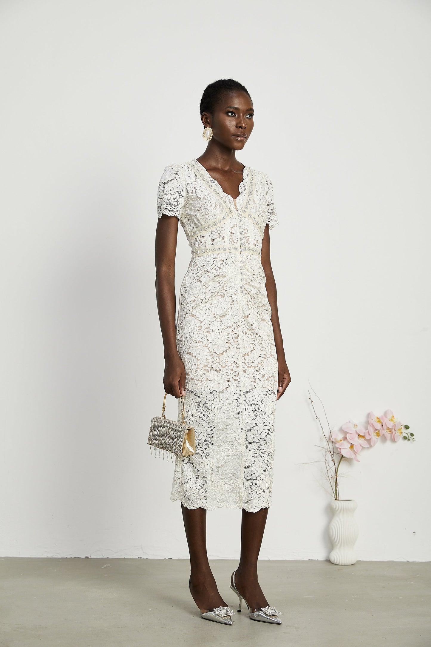 Kalena embellished lace midi dress