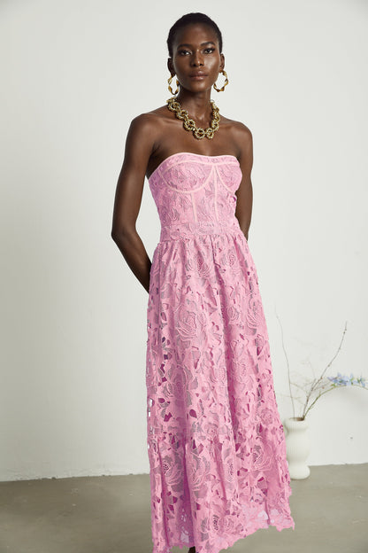 Inès lace floral embroidered cut-out midi dress in Pink