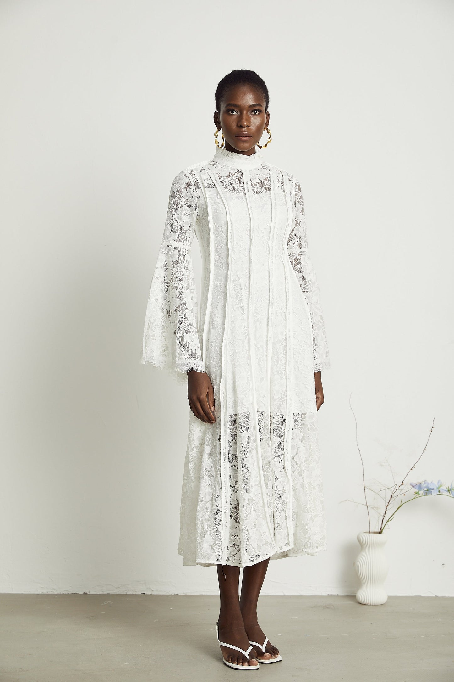 Elodiea White Floral Lace Flared Sleeves Midi Dress