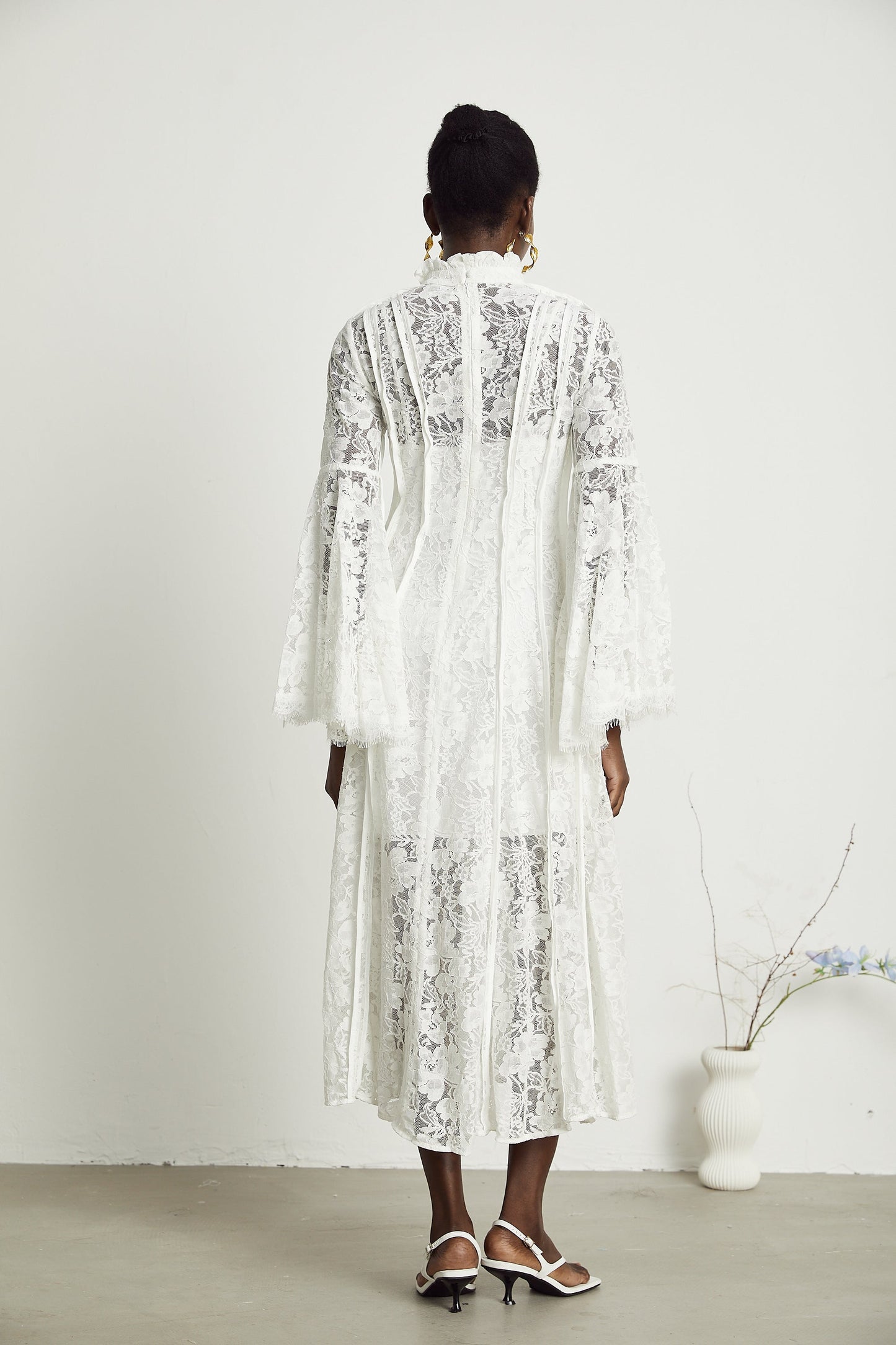 Elodiea White Floral Lace Flared Sleeves Midi Dress