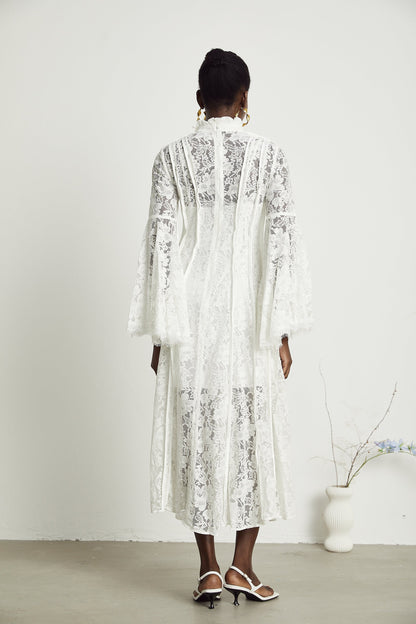 Elodiea White Floral Lace Flared Sleeves Midi Dress
