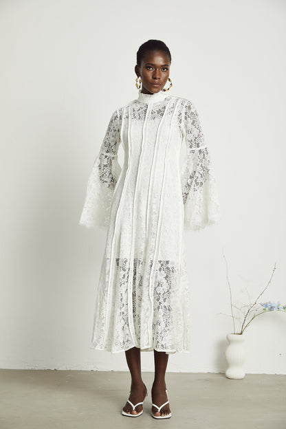 Elodiea White Floral Lace Flared Sleeves Midi Dress