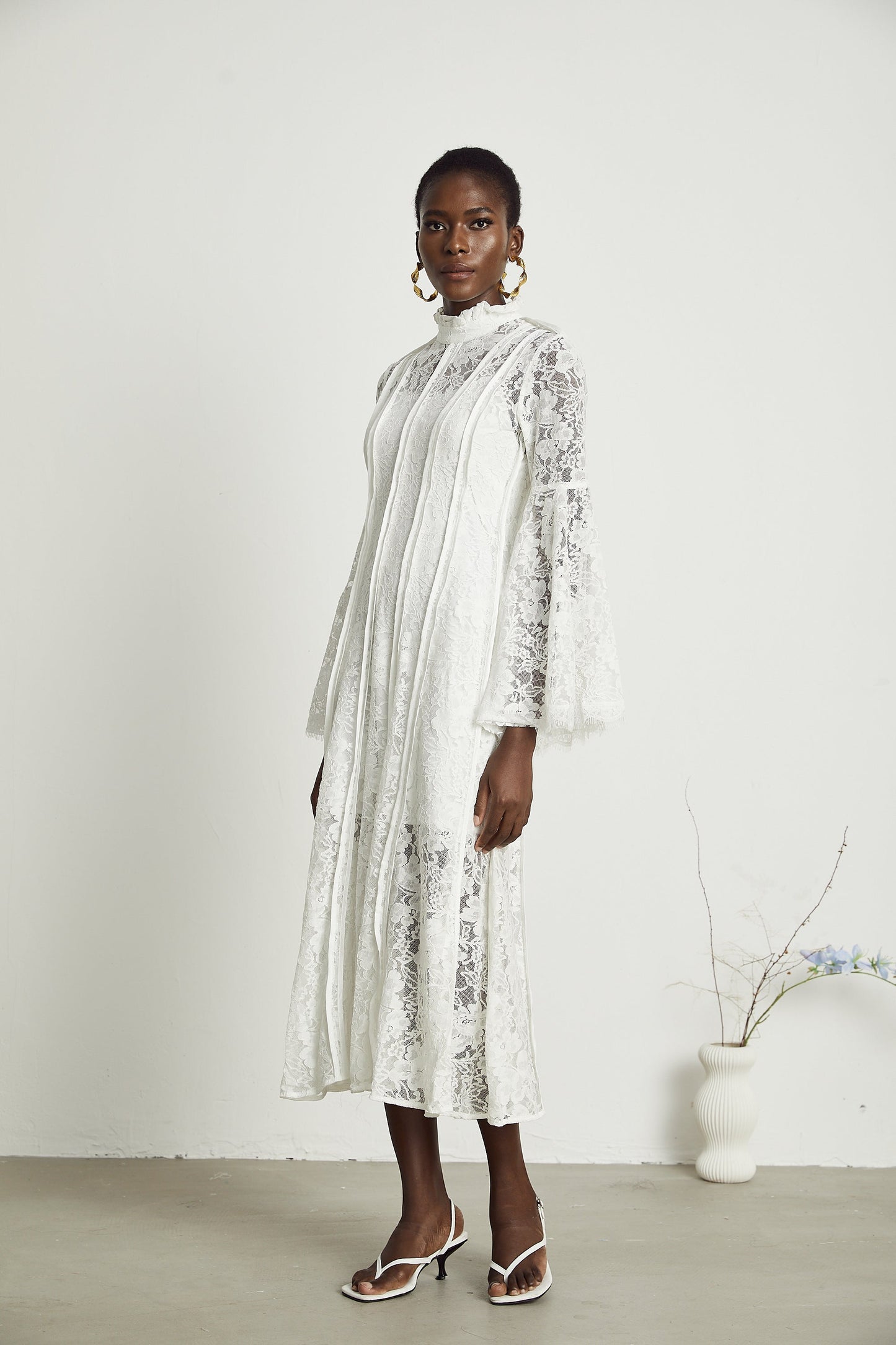 Elodiea White Floral Lace Flared Sleeves Midi Dress