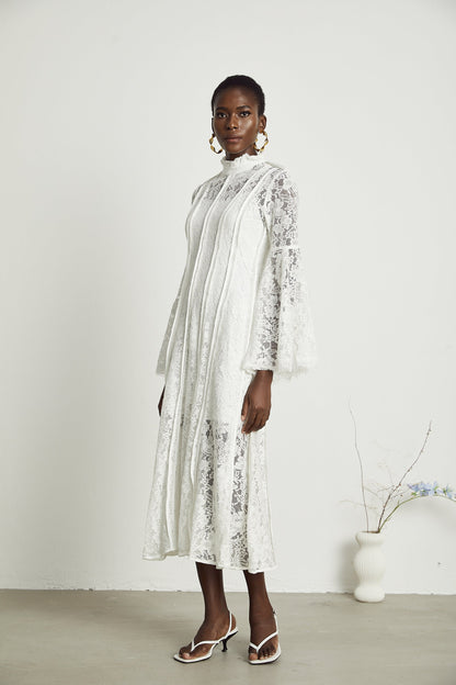 Elodiea White Floral Lace Flared Sleeves Midi Dress