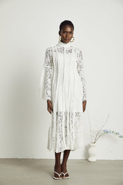 Elodiea White Floral Lace Flared Sleeves Midi Dress