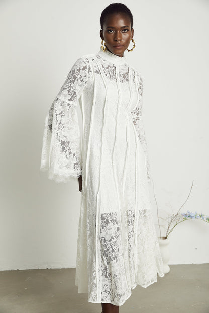 Elodiea White Floral Lace Flared Sleeves Midi Dress
