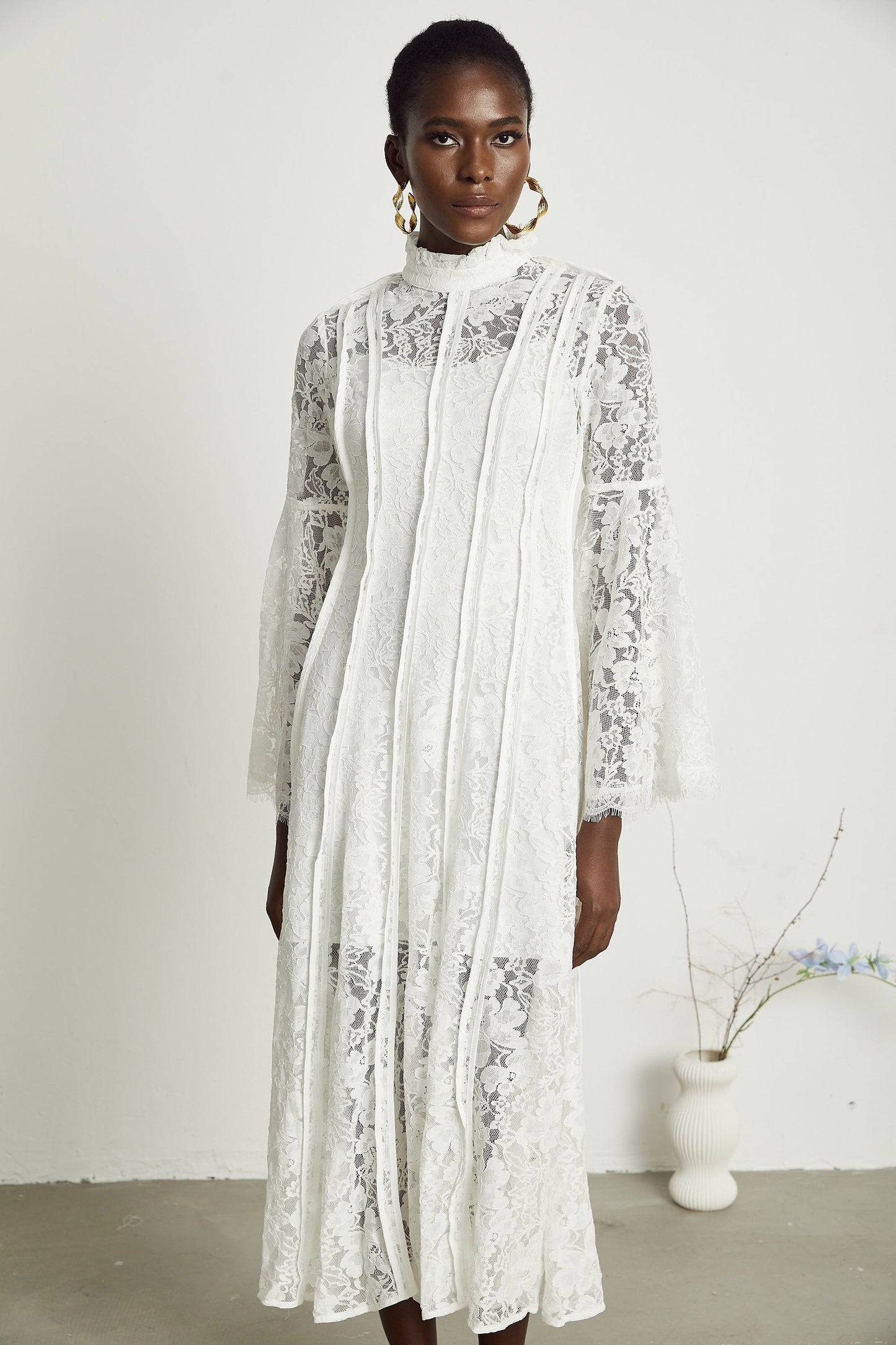Elodiea White Floral Lace Flared Sleeves Midi Dress