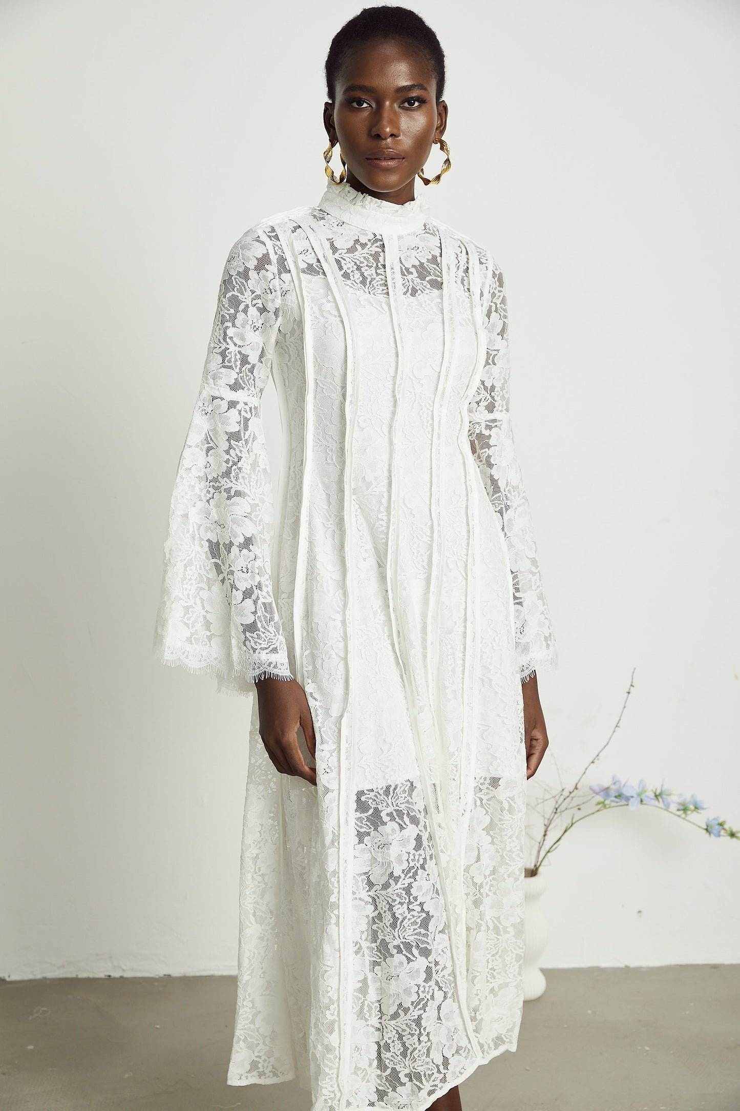 Elodiea White Floral Lace Flared Sleeves Midi Dress