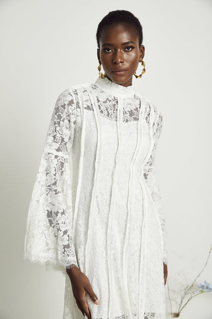 Elodiea White Floral Lace Flared Sleeves Midi Dress