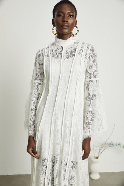 Elodiea White Floral Lace Flared Sleeves Midi Dress