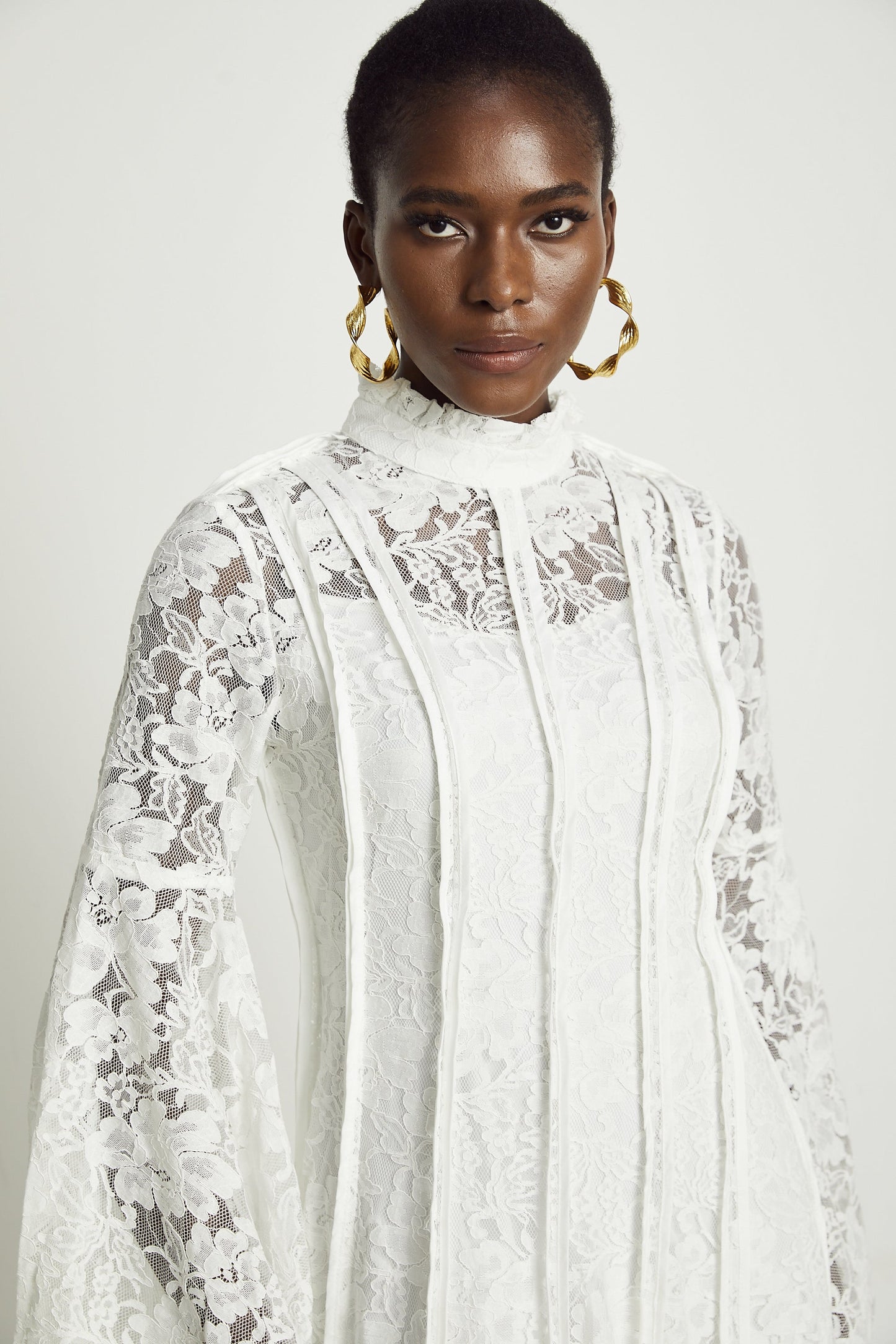 Elodiea White Floral Lace Flared Sleeves Midi Dress