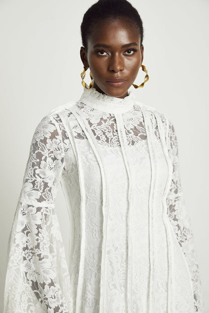 Elodiea White Floral Lace Flared Sleeves Midi Dress