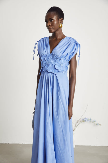 Emma petal-detail drawstring maxi dress in Blue