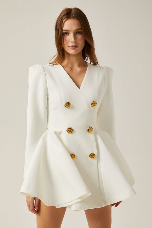 Élise beyaz pilili peplum etekli blazer elbise