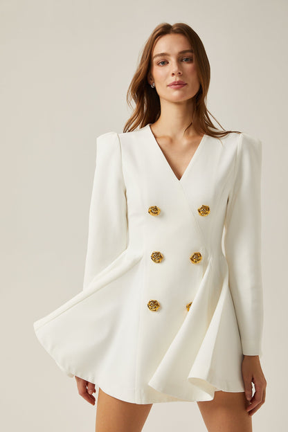 Élise beyaz pilili peplum etekli blazer elbise