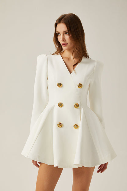 Élise beyaz pilili peplum etekli blazer elbise