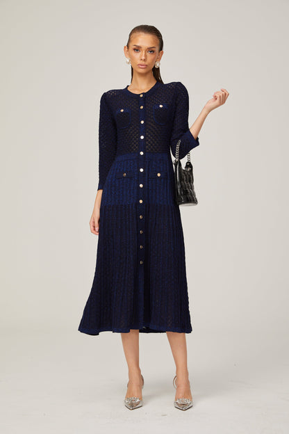 Élodie knitted long-sleeve midi dress in Blue