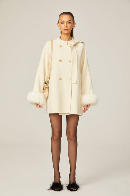 Colette white wool fur bowknot coat
