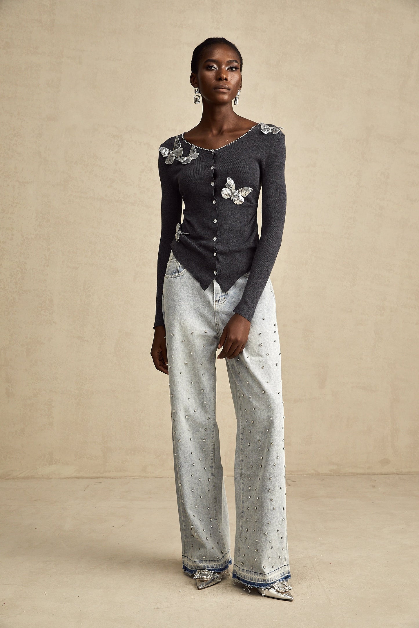 Anastasie grey sequined butterfly-motif cardigan