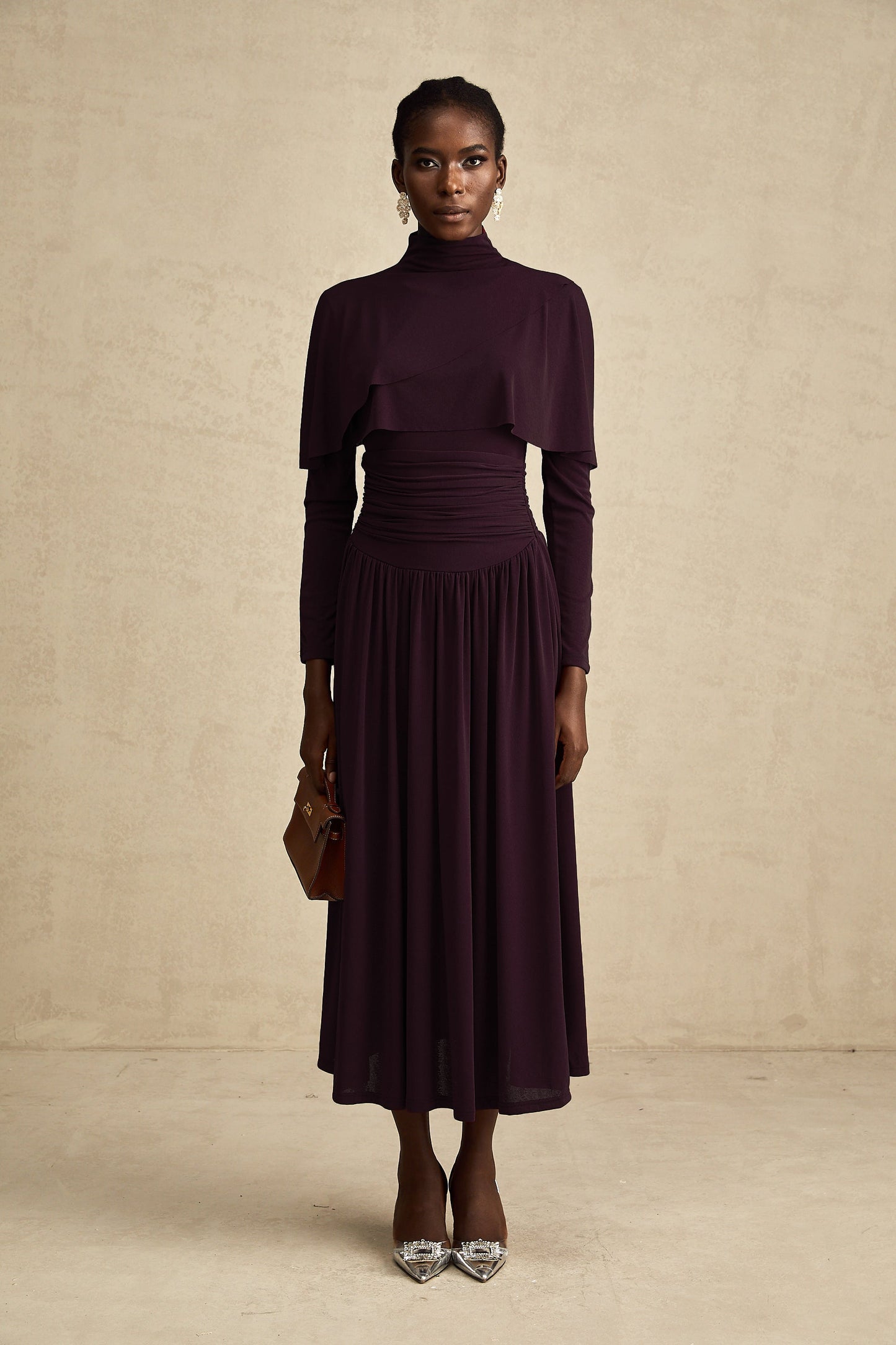 Camille Red Ruched Midi Dress with Flap Design Detail