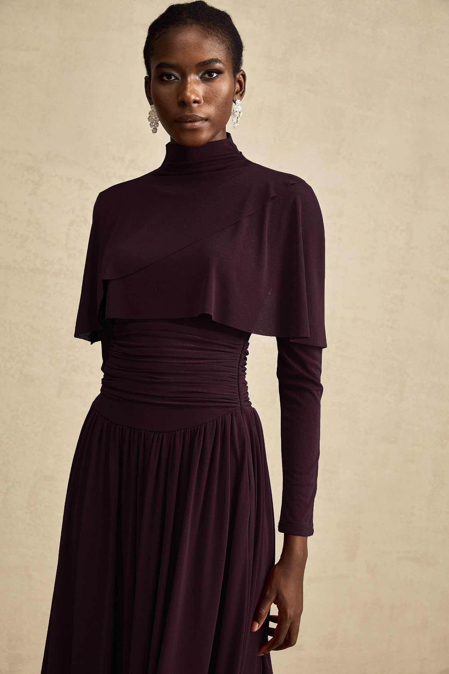 Camille Red Ruched Midi Dress with Flap Design Detail
