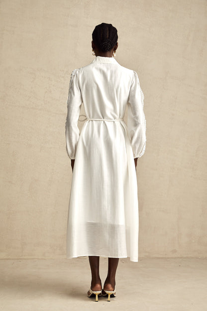 Colette White Lace-Detail Tied-Waist Midi Dress