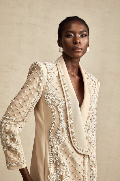 Hélène haki şal yakalı boncuklu blazer elbise