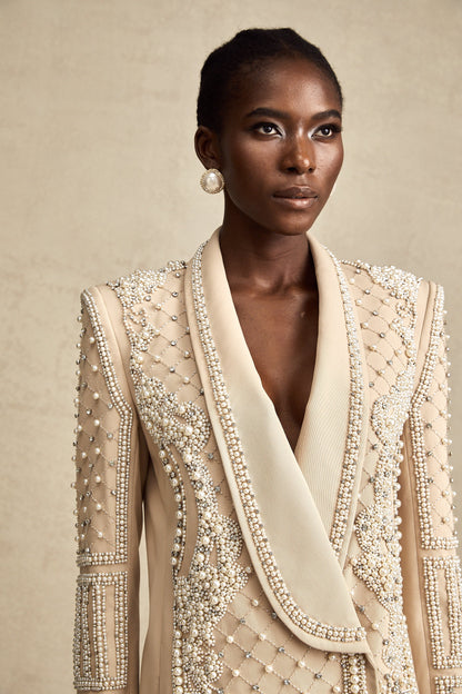 Hélène haki şal yakalı boncuklu blazer elbise