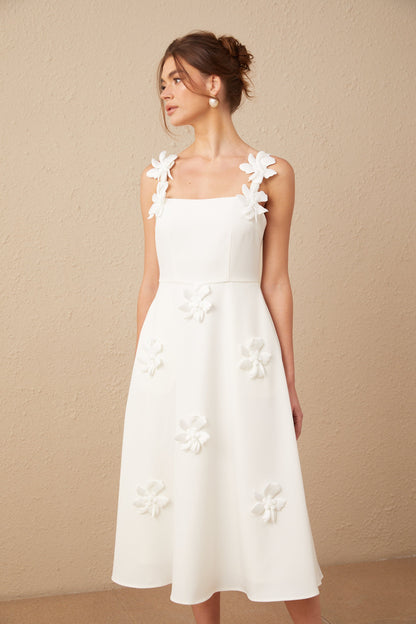 Ariane white faux-flower square-neck midi dress