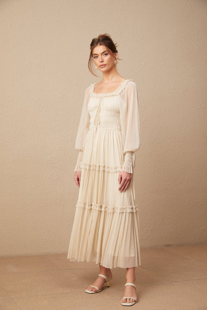 Camille pleated shirred metallic midi dress