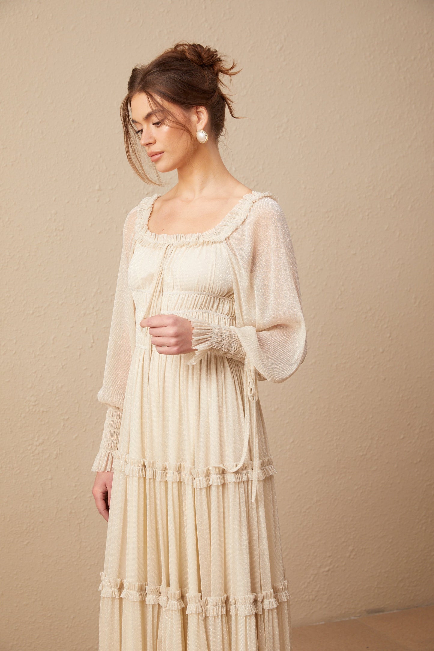 Camille pleated shirred metallic midi dress