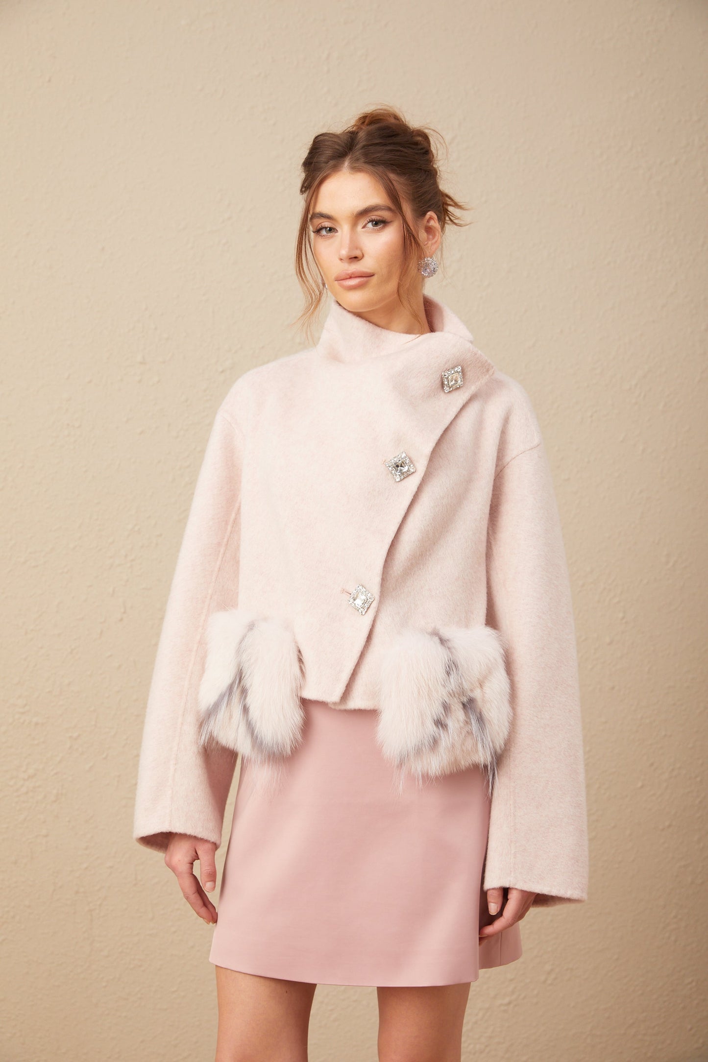 Vienne pink diagonal-placket short coat