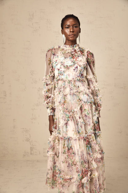 Candice floral ruffled tulle midi dress