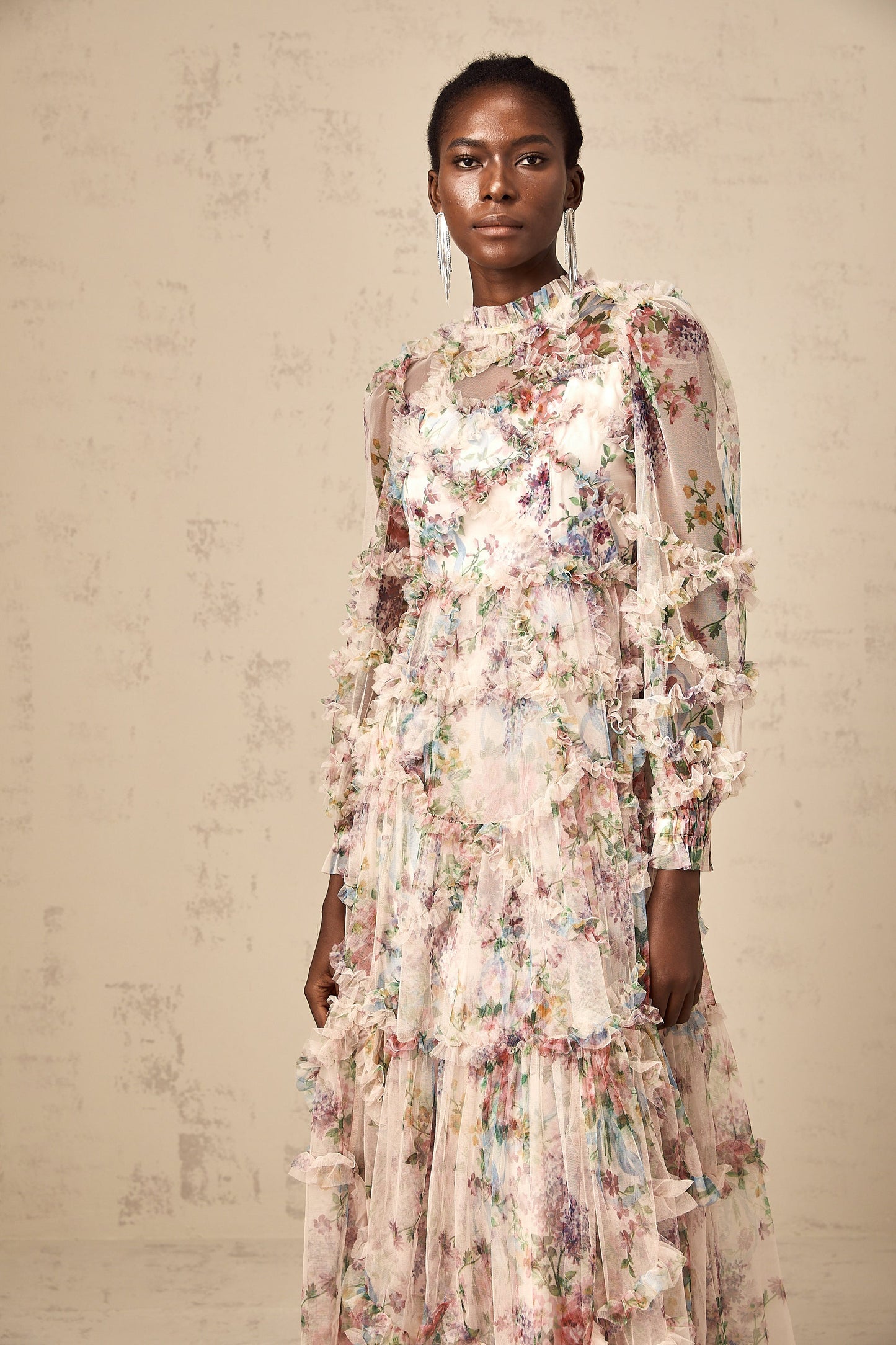 Candice floral ruffled tulle midi dress
