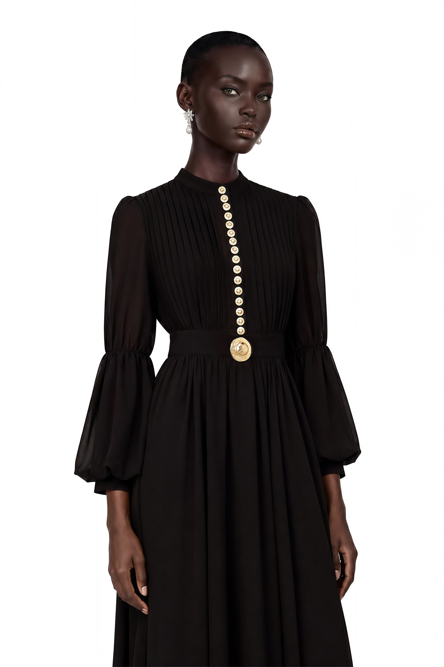 Viviane Black Pleated Button-Front Midi Dress