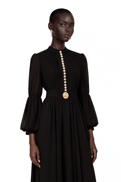 Viviane Black Pleated Button-Front Midi Dress