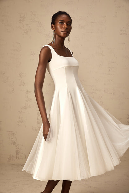 Danielle white tulle godet midi dress