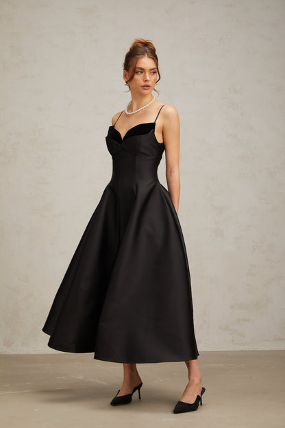 Roxane black pleated flared midi dress