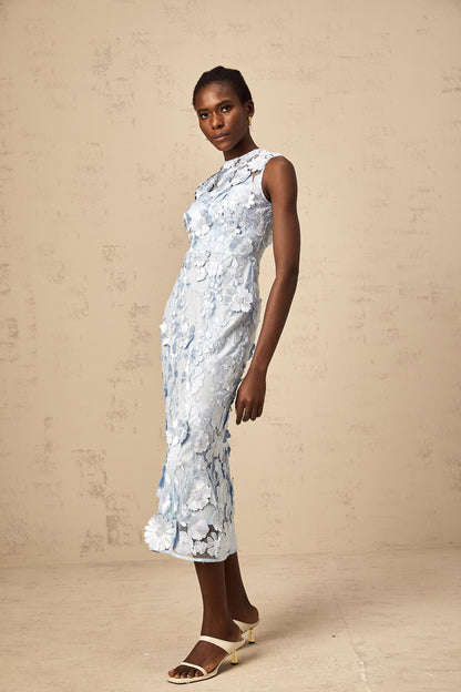 Herta blue floral-appliqué midi dress