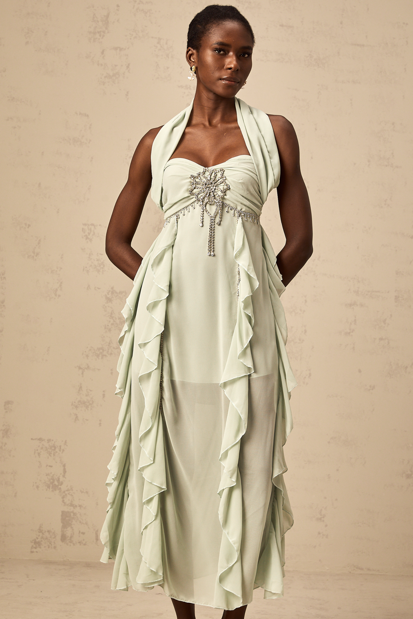 Salilah embellished ruffled midi dress