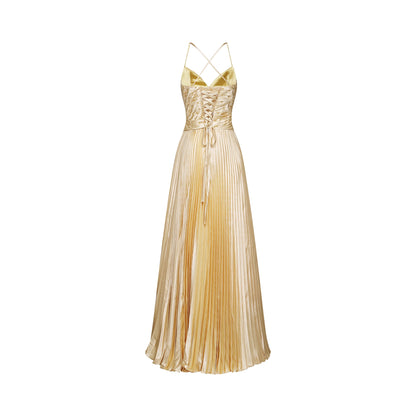 Eline pileli maxi elbise