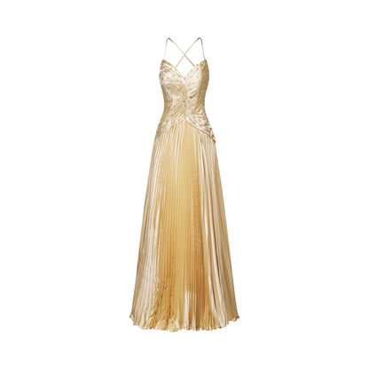 Eline pileli maxi elbise